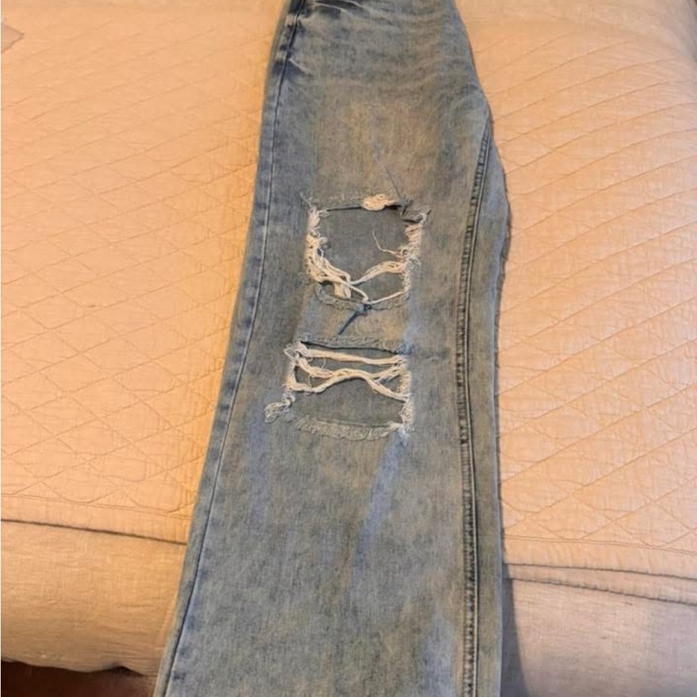SHEIN Light Blue Distressed Flare Jeans